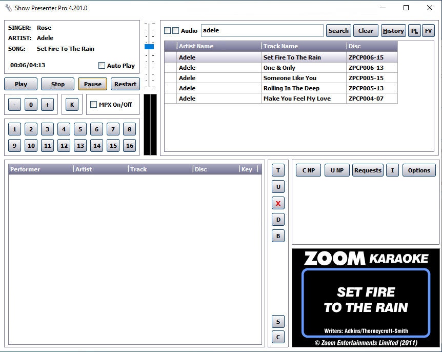 Show Presenter Pro's main screen: the singer and song playing with the player buttons, the song search, the singer queue, the jingle buttons, and the lyrics preview